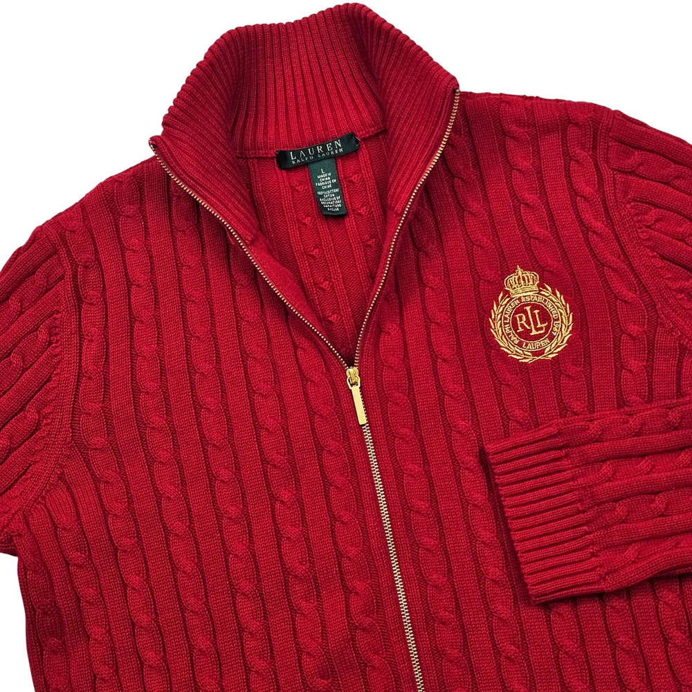 Lauren Ralph Lauren Cardigan Women L Red Full Zip Cable Knit Crest Preppy